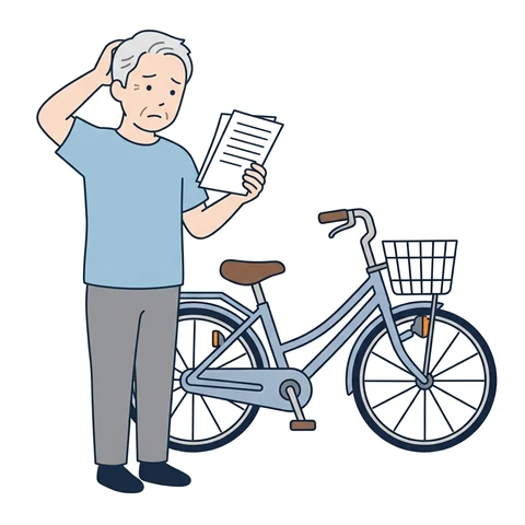 書類を手に困っている年配の男性と自転車
