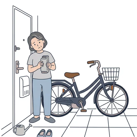 玄関先で、電動アシスト自転車の横で取り外したバッテリーを手に首をかしげる女性