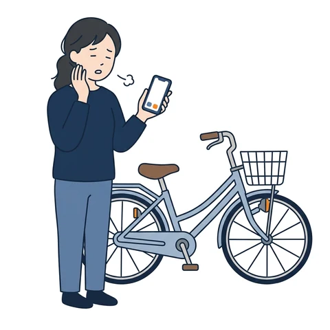 スマホを見てため息をつく女性と自転車