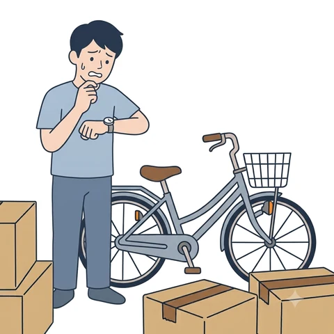 引っ越しのダンボールと自転車の横で腕時計を見て焦る男性