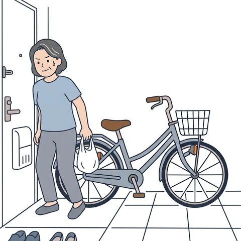 玄関をふさぐ自転車の横をすり抜ける女性
