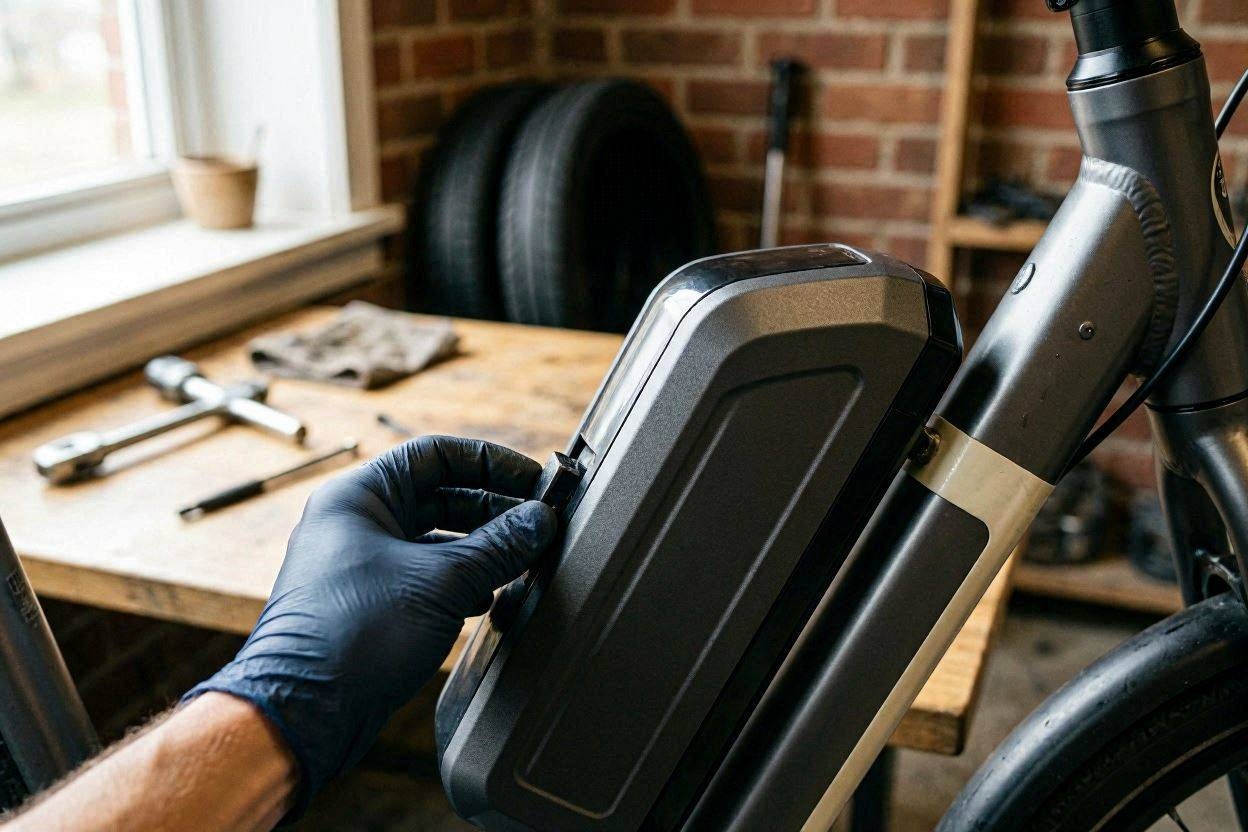 電動アシスト自転車のバッテリーを点検する様子