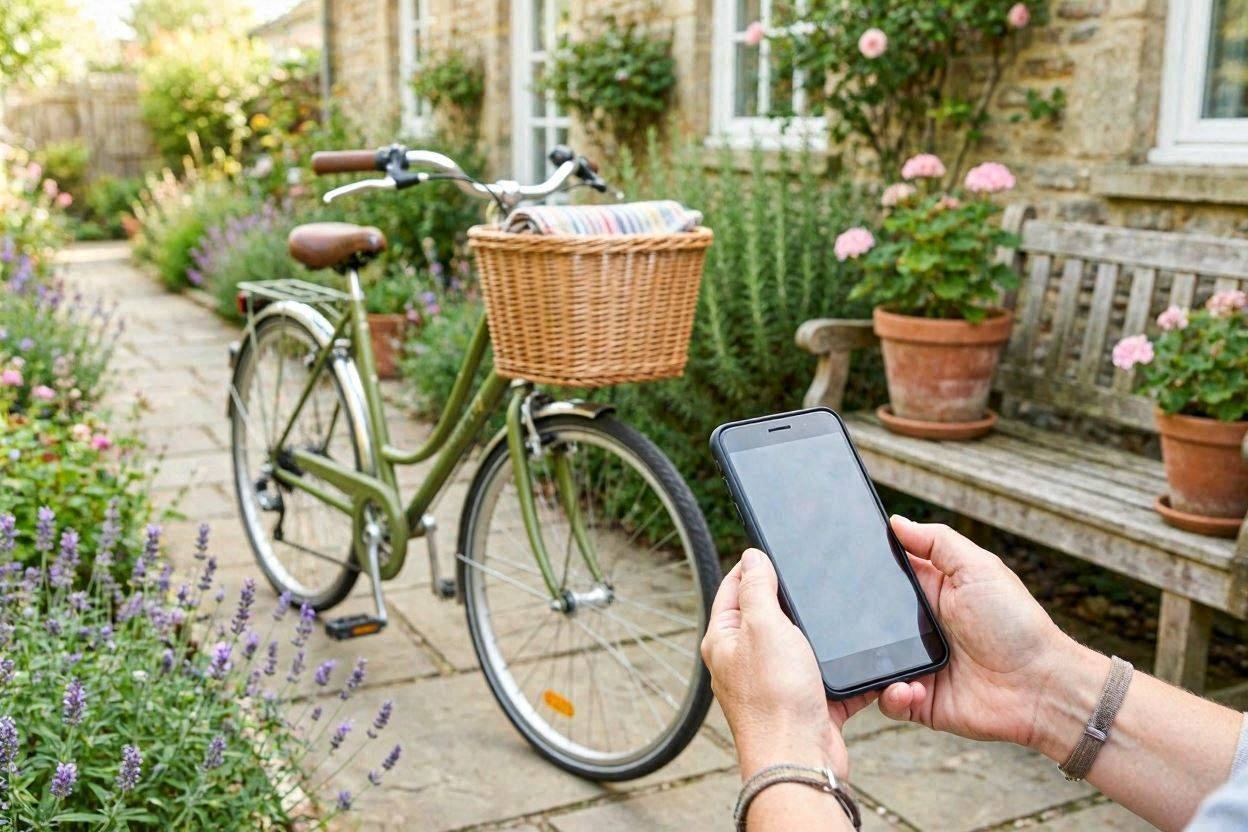 スマホで自転車の写真を撮っている様子