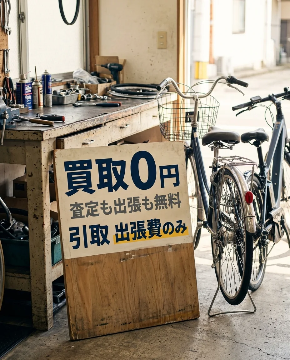 工房に立てかけた手書きの料金ボード。買取0円（査定も出張も無料）、引取は出張費のみ