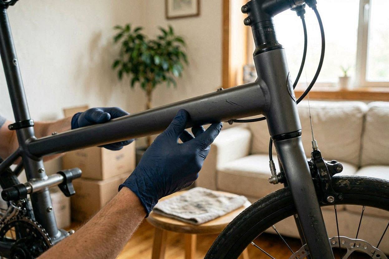 整備士が自転車のフレームを点検している様子